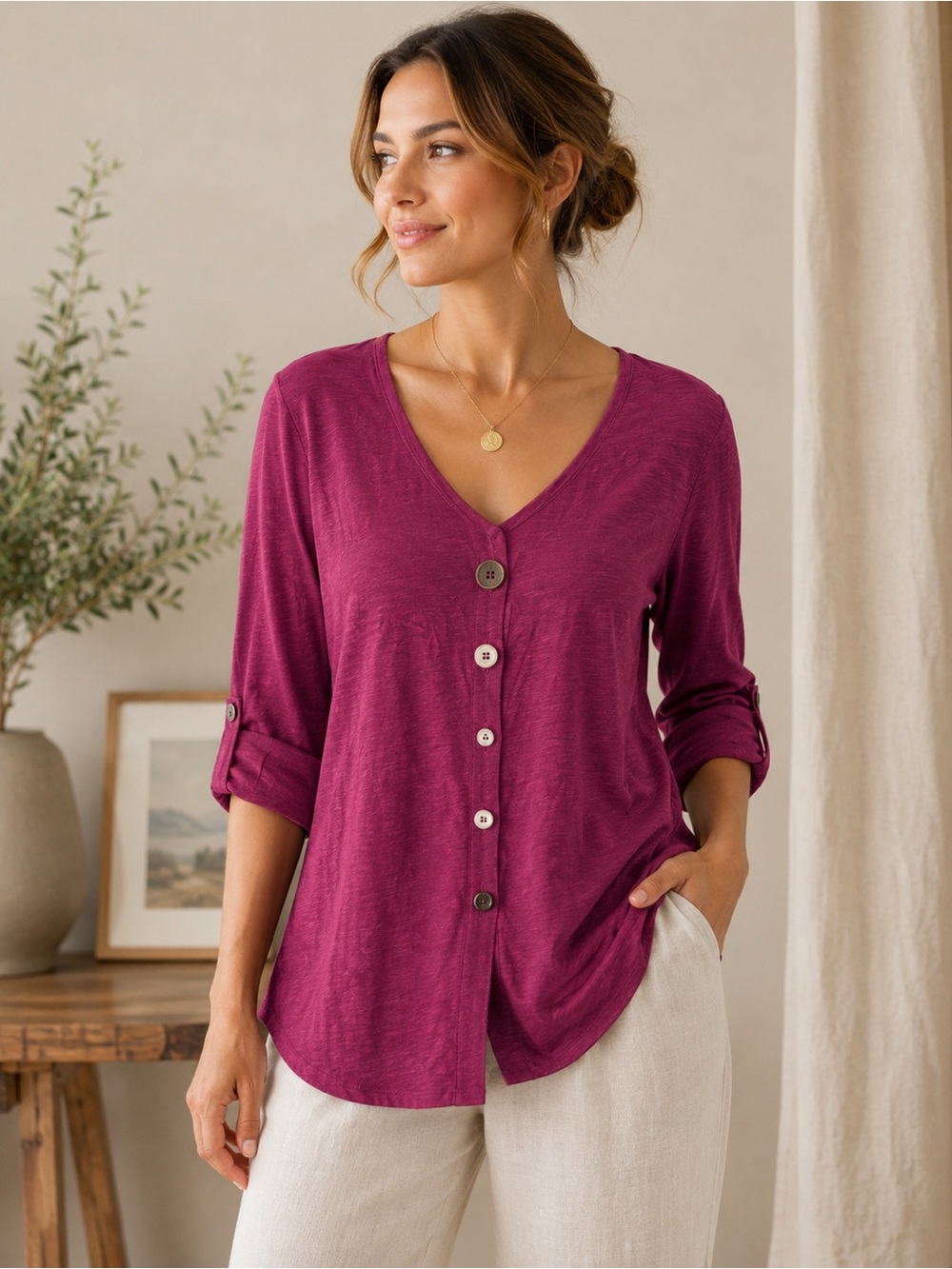 JM Collection Magenta Button Front Roll Tab Blouse Relaxed Casual Top L